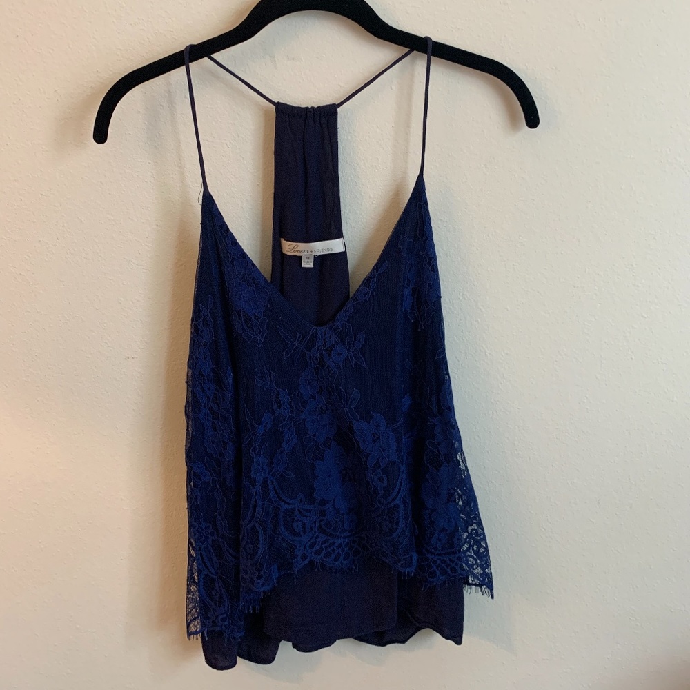 Lovers + Friends Royal Dark Blue Lace Tank, Size Medium